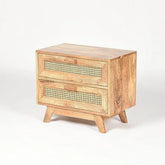 Mid-Century Cane Front Side Table with Double Drawers-Wooden Crest