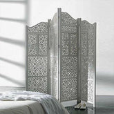 Classic Four-Panel Room Divider with Floral Jali Design-Wooden Crest