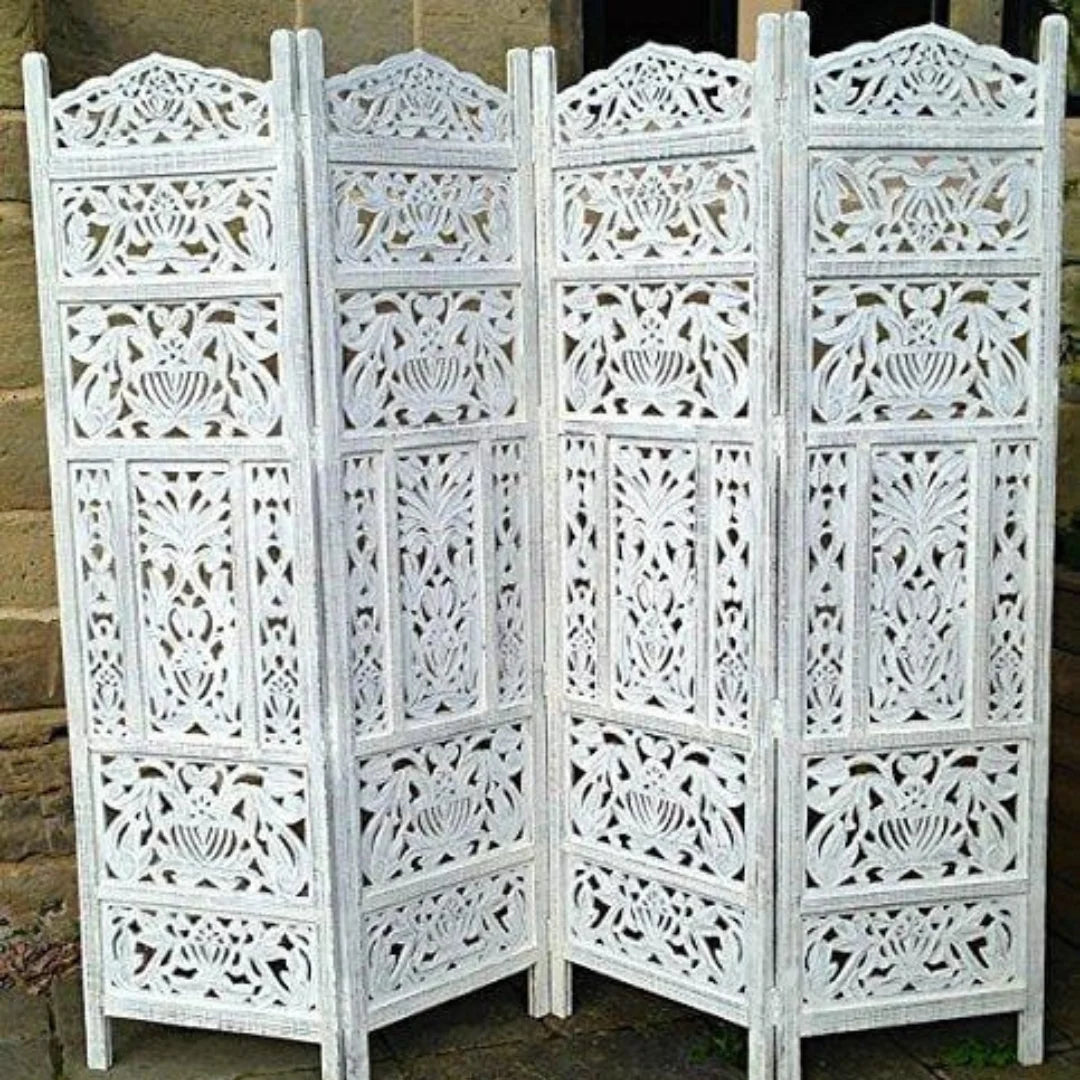 Timeless Four-Panel Room Divider with Floral Cascade Design-Wooden Crest