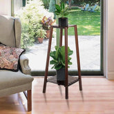Modern Two-Tier Bamboo Plant Stand with Slatted Design-Wooden Crest