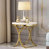 Modern Round Side Table with Curved Metal Base-Wooden Crest