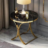 Luxury Round Side Table with Black Marble Top-Wooden Crest