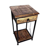 Industrial Side Table with Carved Drawer and Metal Base-Wooden Crest