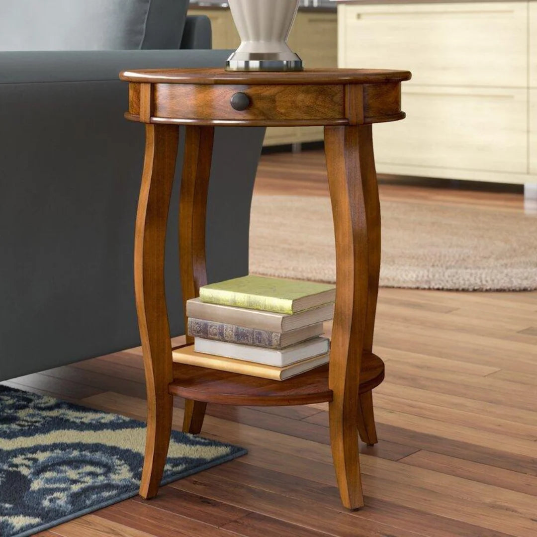 French Provincial Round End Table with Storage Drawer-Wooden Crest