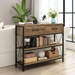 Industrial X-Frame Console Table with Storage Drawers-Wooden Crest