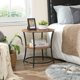 Industrial Round Side Table with Double Shelves-Wooden Crest