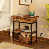 Industrial Side Table with Power Hub and Hidden Storage-Wooden Crest