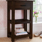 Mission Style Corner Table with Storage Drawer and Shelves-Wooden Crest