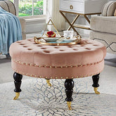 Round Tufted Button Velvet Ottoman Coffee Table-Wooden Crest