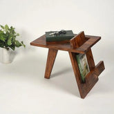 Modern Asymmetric Side Table with Magazine Rack-Wooden Crest