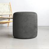Chandler Wide Velvet Round Ottoman-Wooden Crest