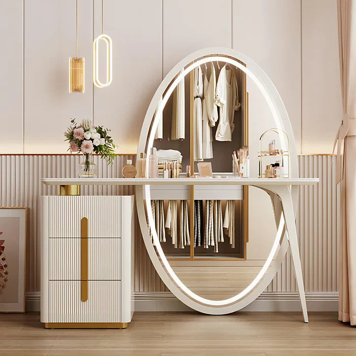 Febbas Full View Vanity Dressing Table with Lighted Mirror and Stool-Wooden Crest