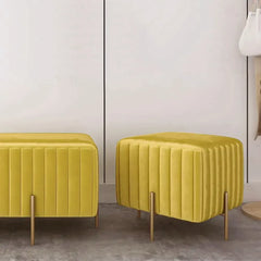 Contemporary Square Velvet Pouf Ottoman - Yellow-Wooden Crest