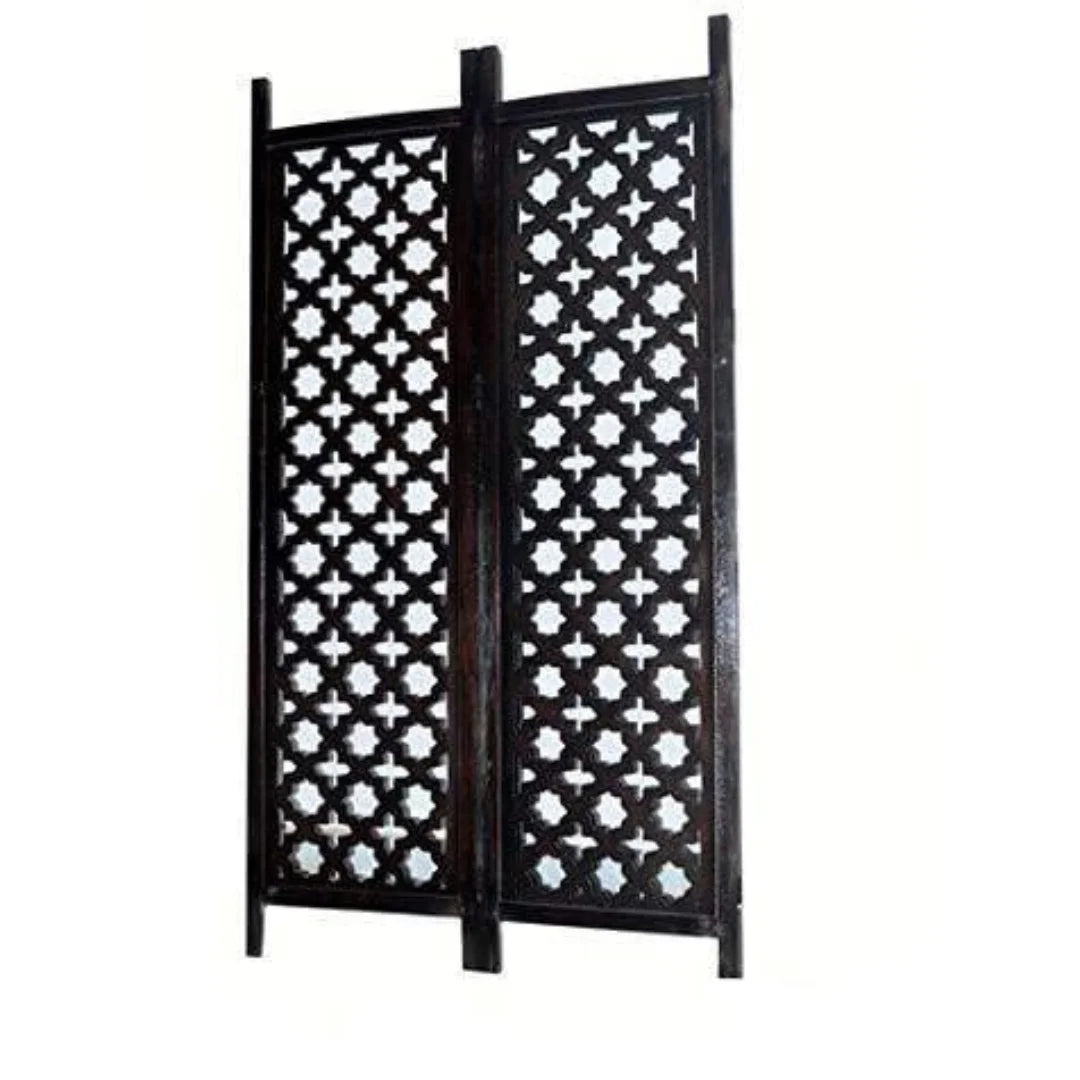 Antique Three-Panel Room Divider with Moroccan Lattice Design-Wooden Crest