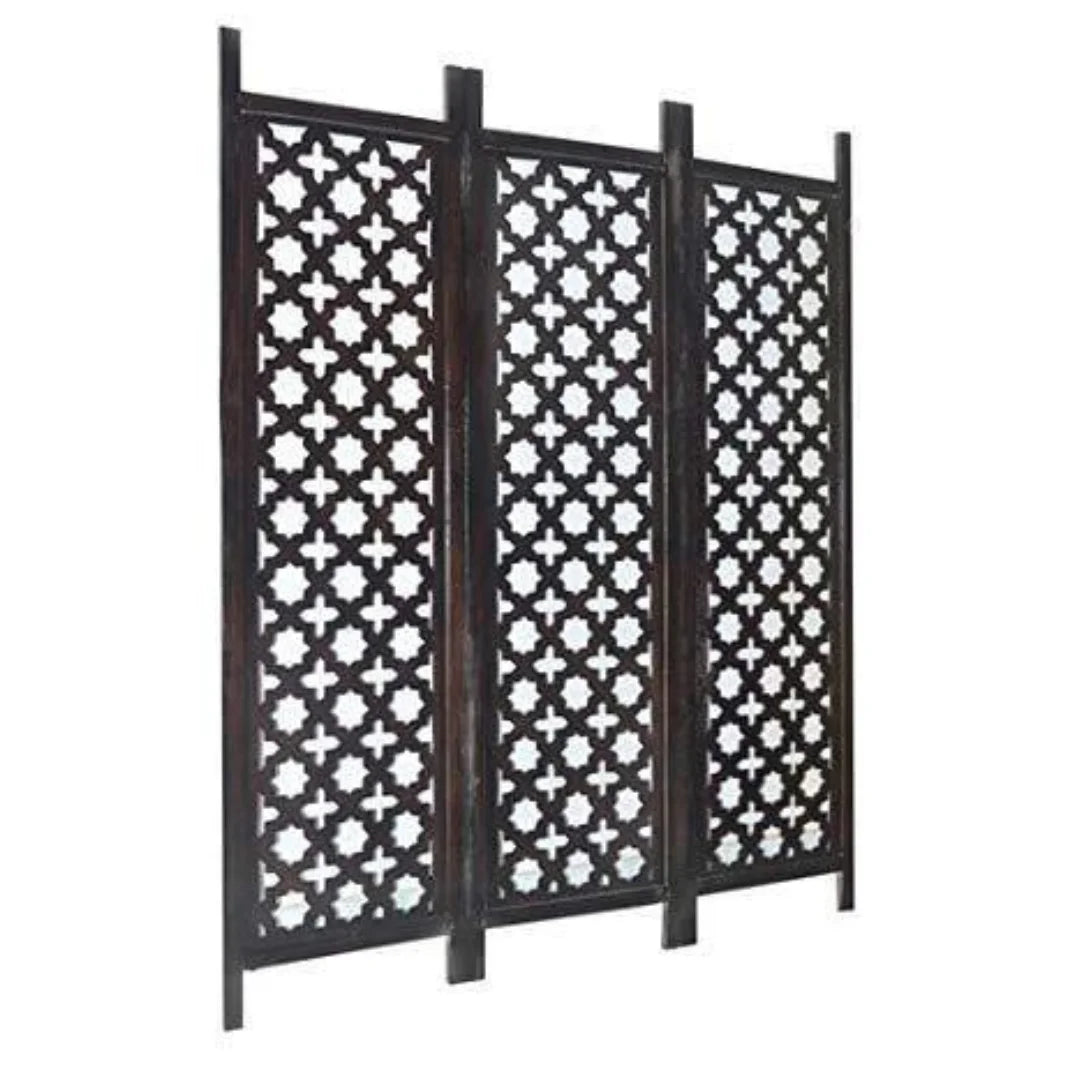 Antique Three-Panel Room Divider with Moroccan Lattice Design-Wooden Crest