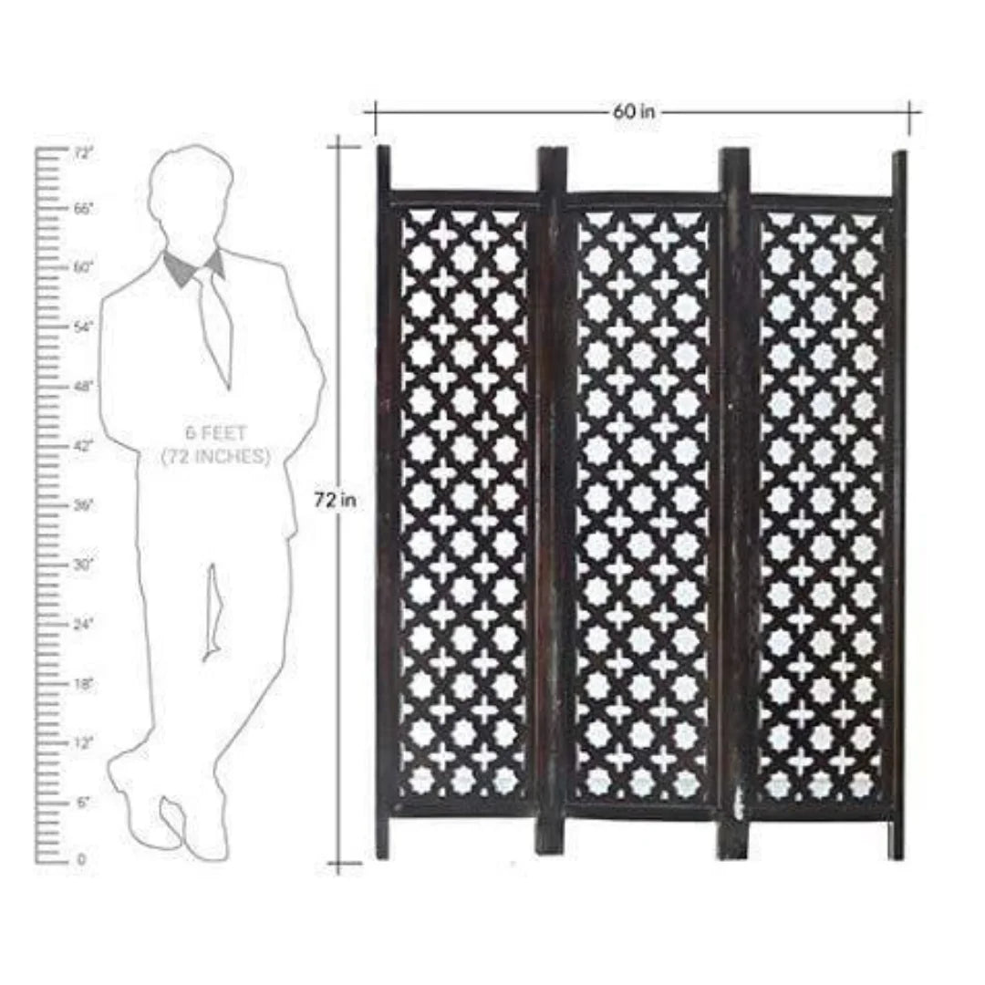 Antique Three-Panel Room Divider with Moroccan Lattice Design-Wooden Crest