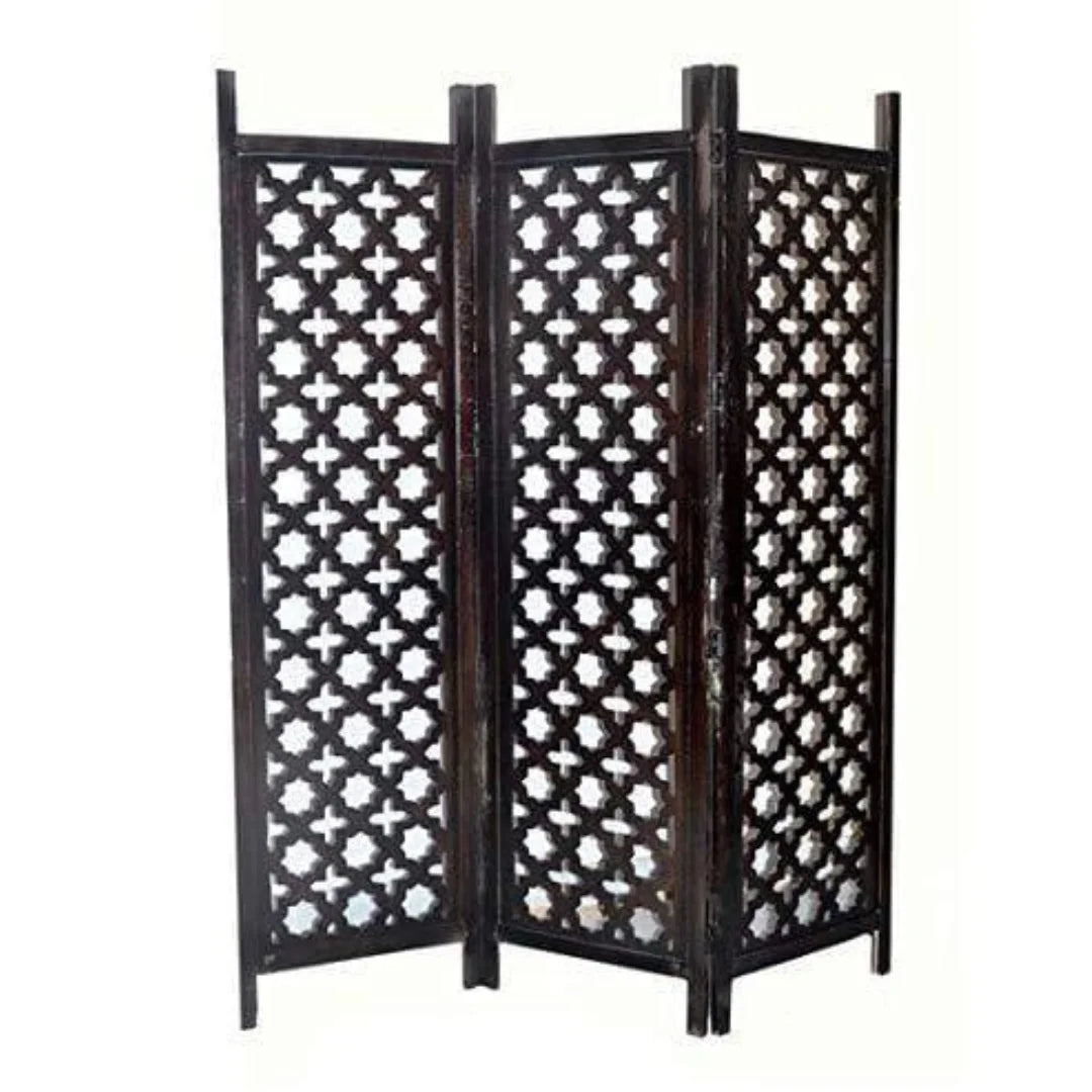 Antique Three-Panel Room Divider with Moroccan Lattice Design-Wooden Crest