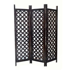 Antique Three-Panel Room Divider with Moroccan Lattice Design-Wooden Crest