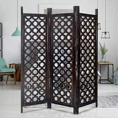 Antique Three-Panel Room Divider with Moroccan Lattice Design-Wooden Crest