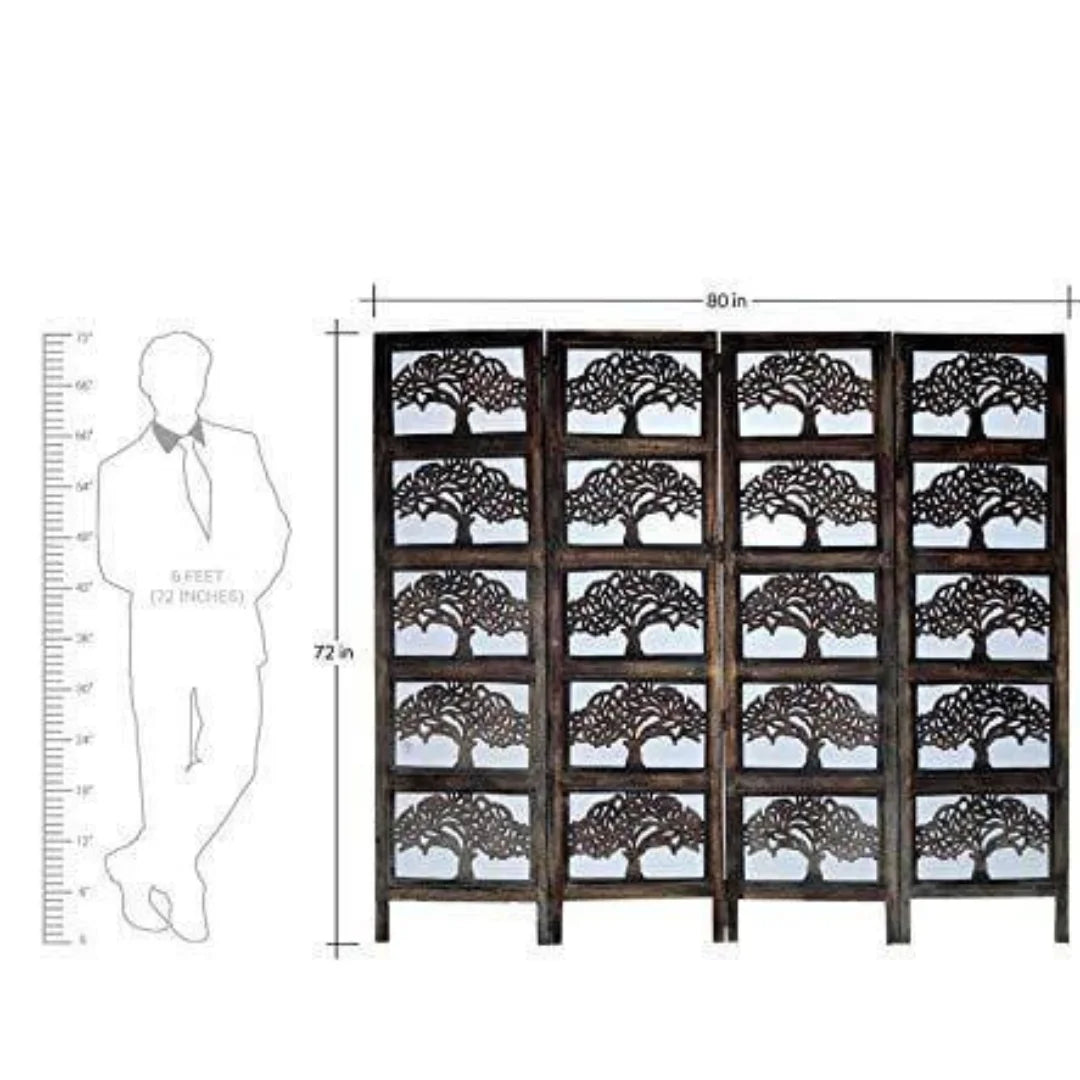 Heritage Four-Panel Room Divider with Antique Lattice Design-Wooden Crest