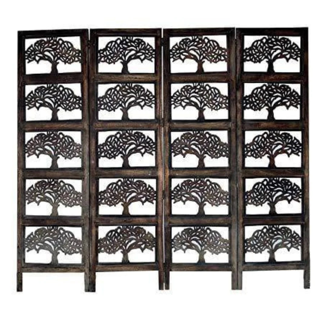 Heritage Four-Panel Room Divider with Antique Lattice Design-Wooden Crest