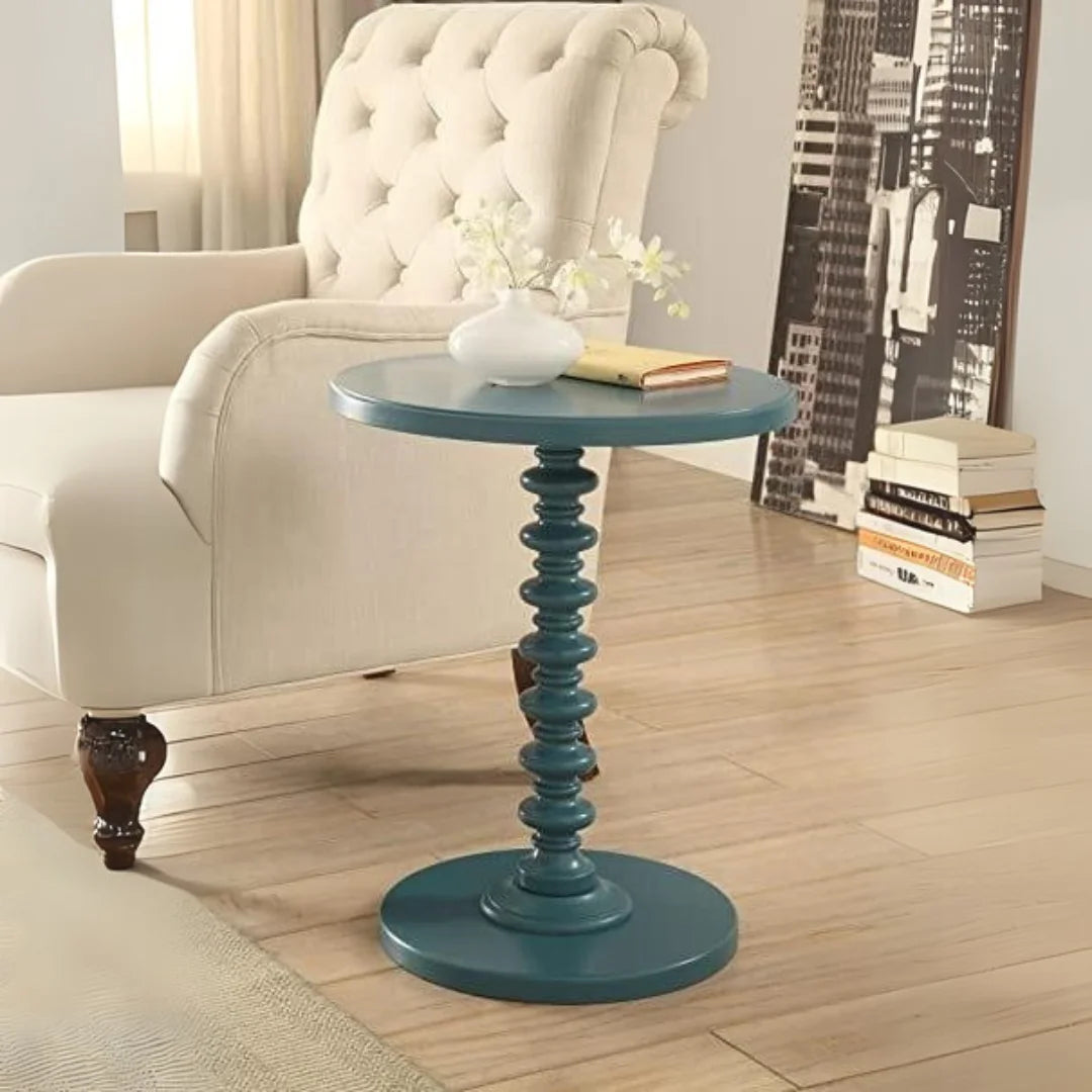 Round Pedestal Side Table with Spindle Base-Wooden Crest