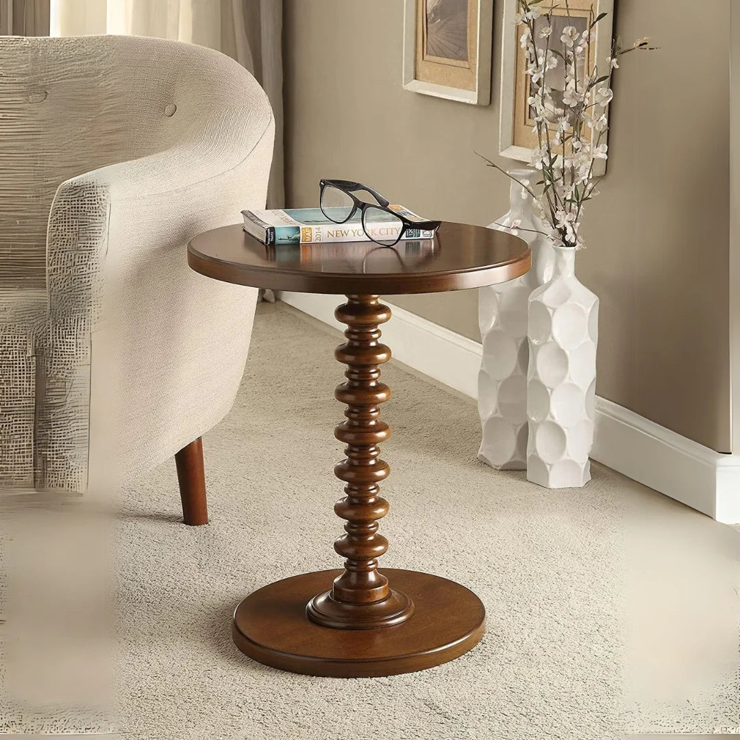 Round Pedestal Side Table with Spindle Base-Wooden Crest