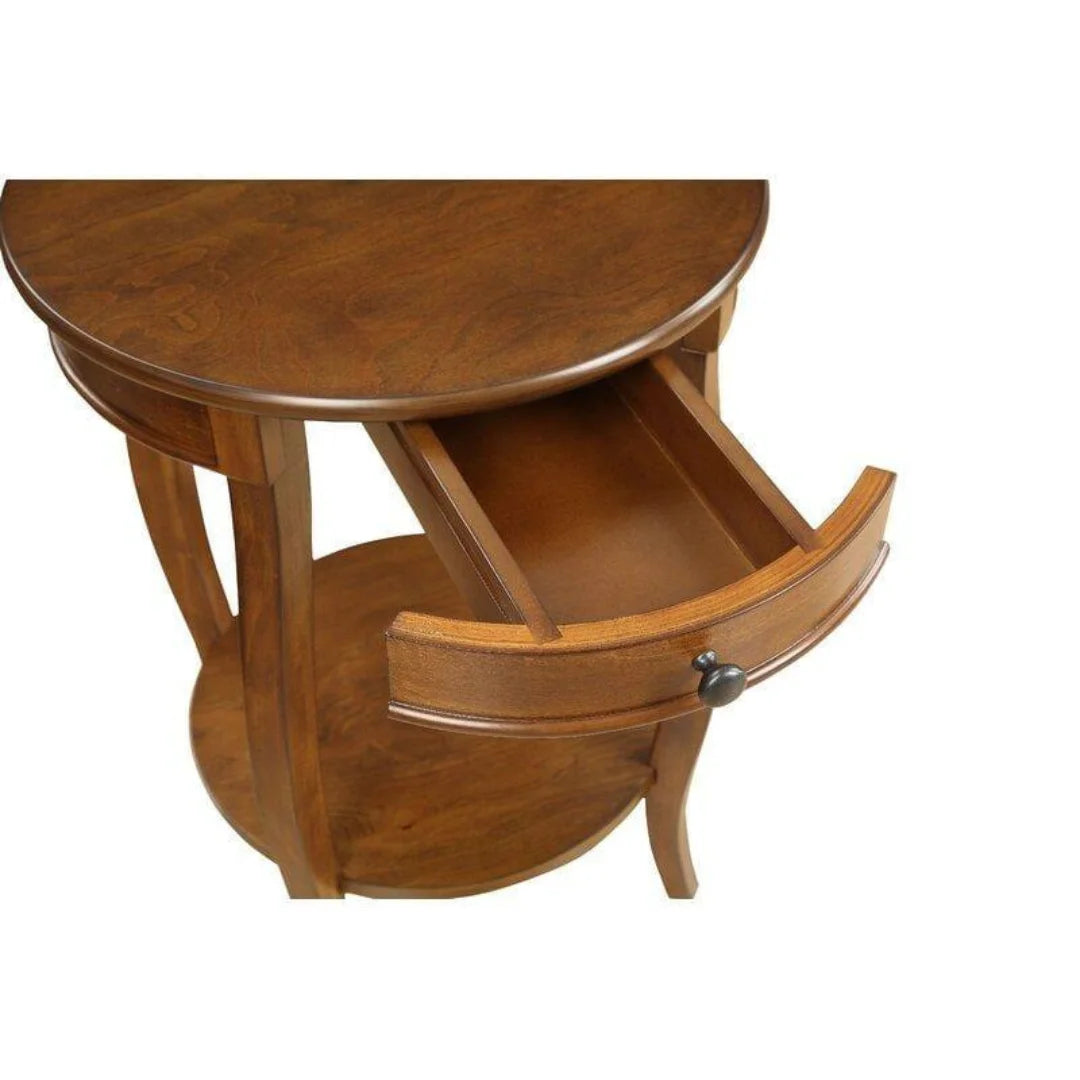 French Provincial Round End Table with Storage Drawer-Wooden Crest