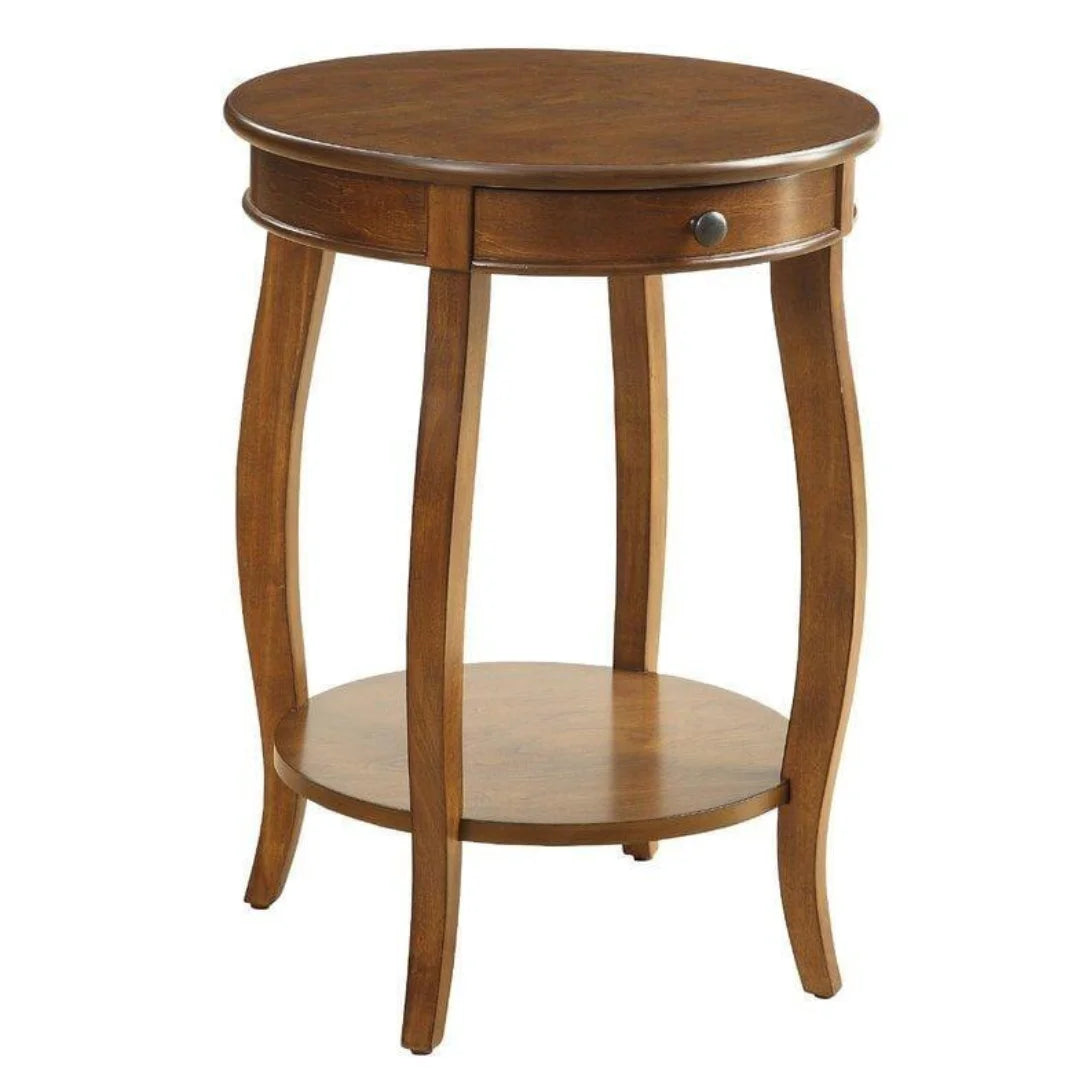 French Provincial Round End Table with Storage Drawer-Wooden Crest