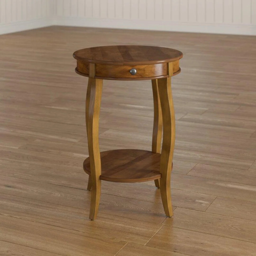 French Provincial Round End Table with Storage Drawer-Wooden Crest