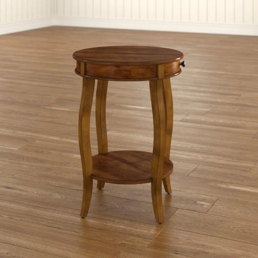 French Provincial Round End Table with Storage Drawer-Wooden Crest