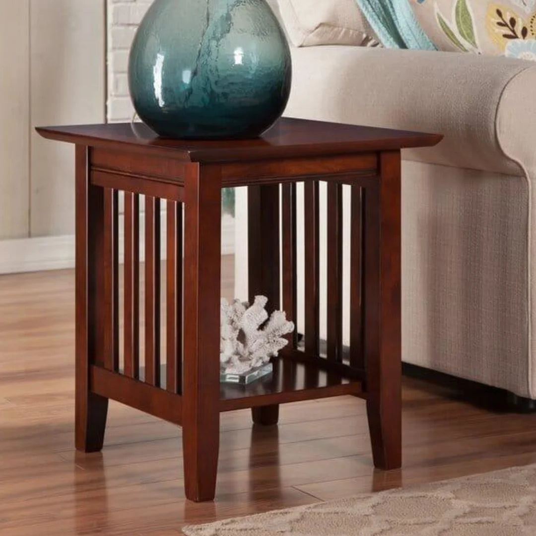 Mission Style Slatted Side Table with Open Storage-Wooden Crest