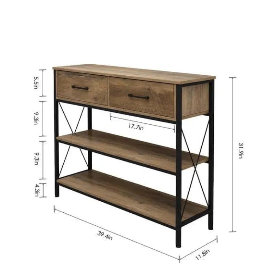 Industrial X-Frame Console Table with Storage Drawers-Wooden Crest
