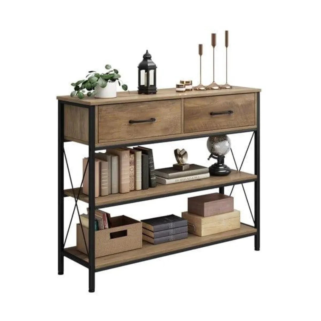 Industrial X-Frame Console Table with Storage Drawers-Wooden Crest