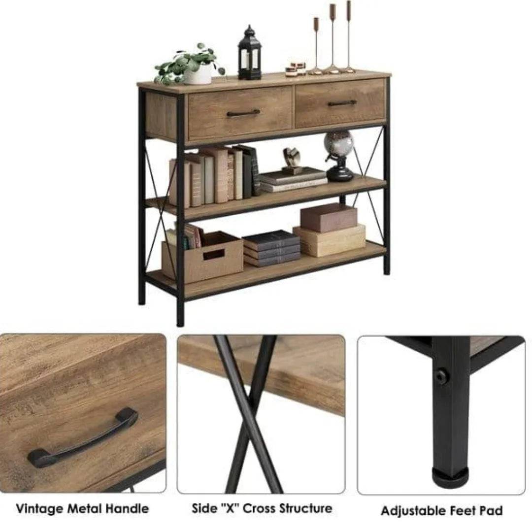 Industrial X-Frame Console Table with Storage Drawers-Wooden Crest