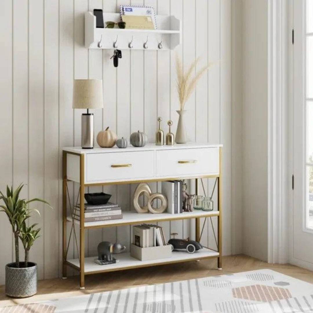 Industrial X-Frame Console Table with Storage Drawers-Wooden Crest