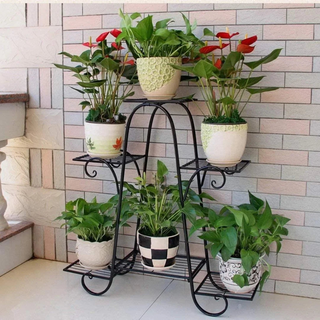 European-Style 6-Tier Plant Stand with Scrollwork Details-Wooden Crest