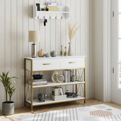Industrial X-Frame Console Table with Storage Drawers-Wooden Crest