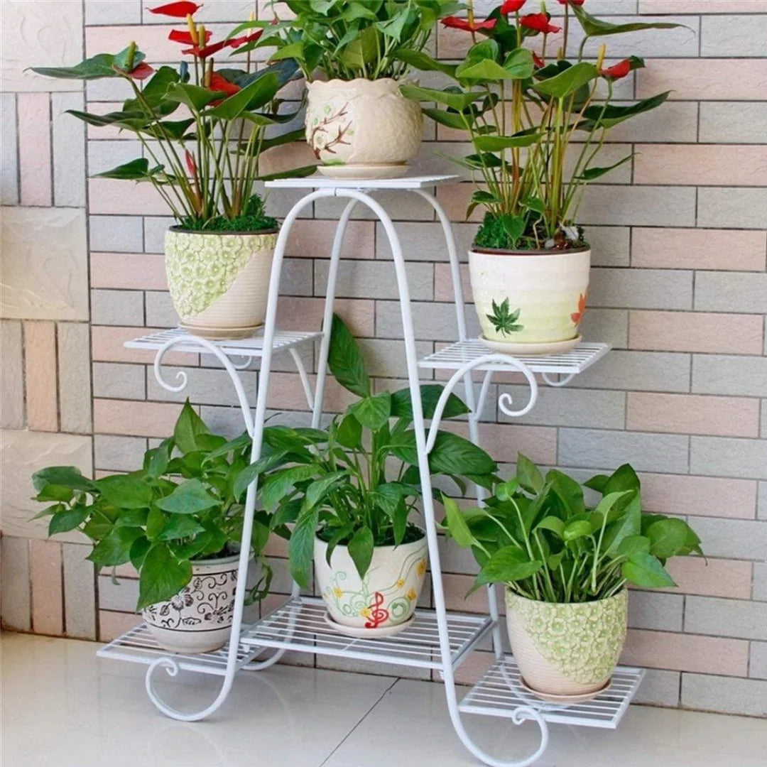 European-Style 6-Tier Plant Stand with Scrollwork Details-Wooden Crest