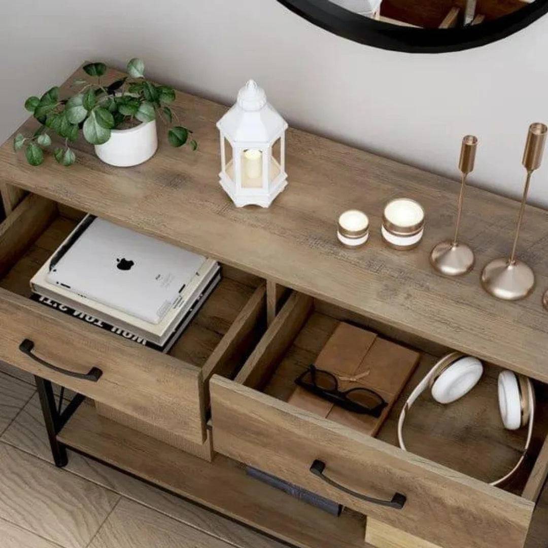 Industrial X-Frame Console Table with Storage Drawers-Wooden Crest