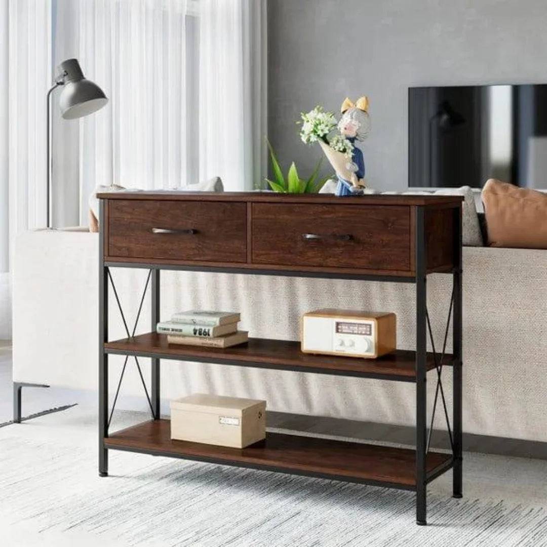 Industrial X-Frame Console Table with Storage Drawers-Wooden Crest