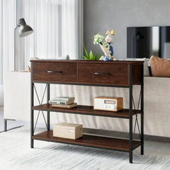 Industrial X-Frame Console Table with Storage Drawers-Wooden Crest