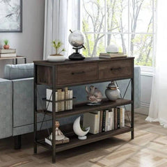 Industrial X-Frame Console Table with Storage Drawers-Wooden Crest