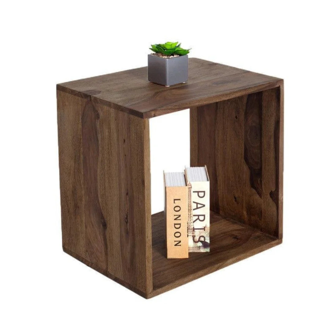 Modern Cubic Side Table with Open Storage Design-Wooden Crest