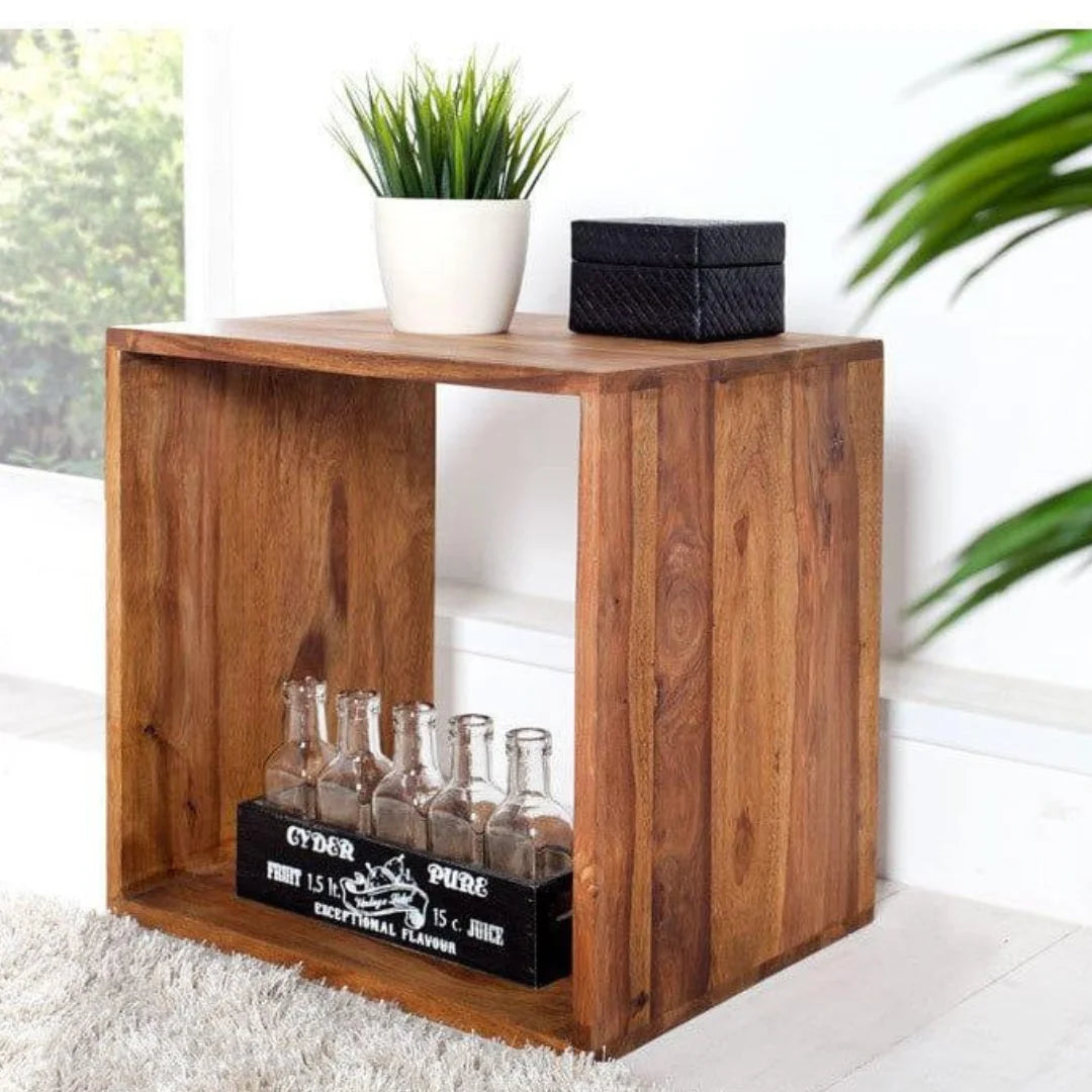 Modern Cube Storage Side Table with Open Display-Wooden Crest