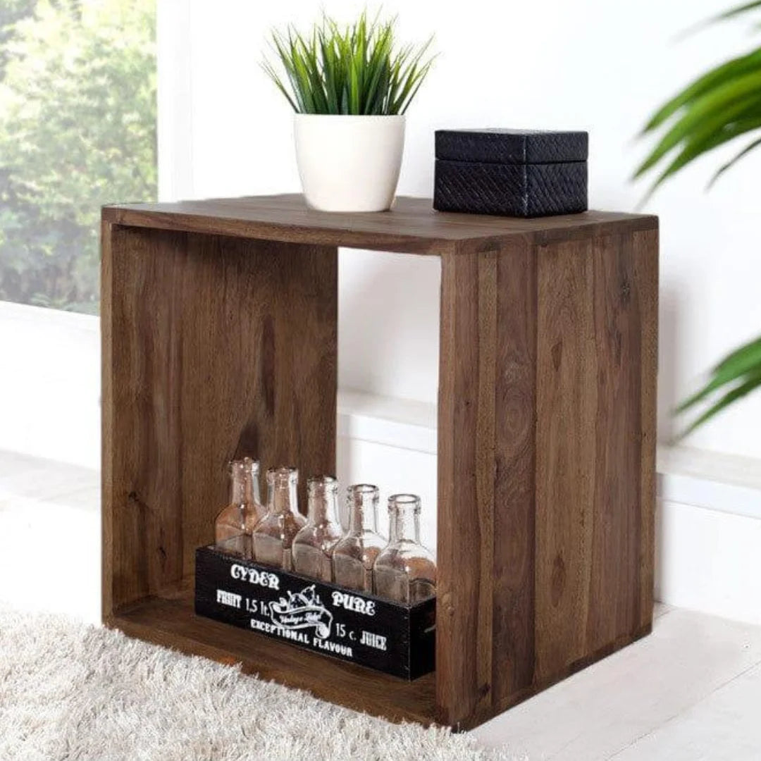 Modern Cubic Side Table with Open Storage Design-Wooden Crest