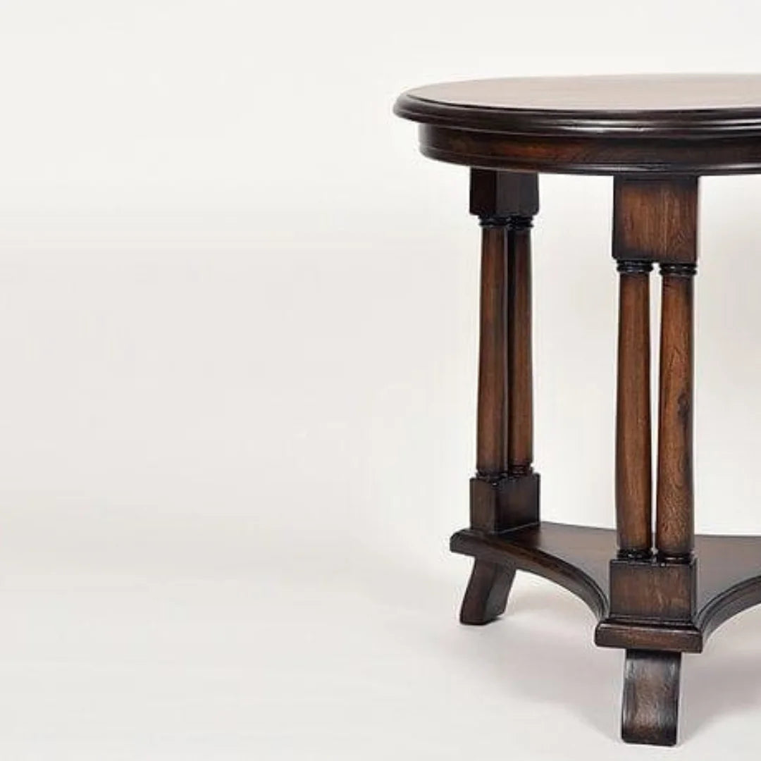 Empire Style Round Side Table with Column Legs-Wooden Crest