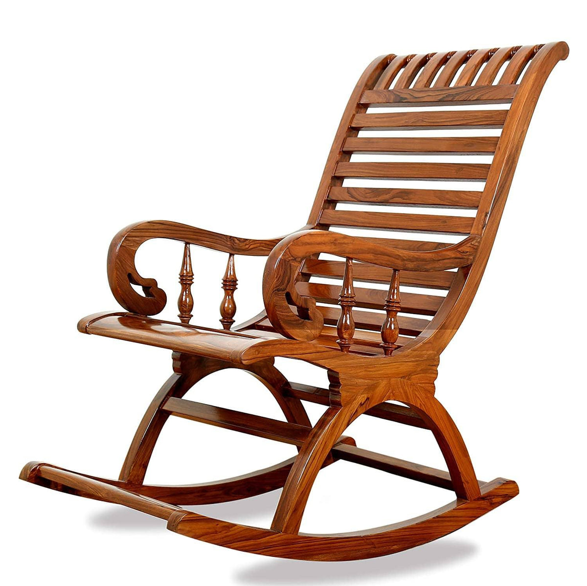 India Sheesham Wood Traditional Arm Rest Rocking Chair – Brown-Wooden Crest