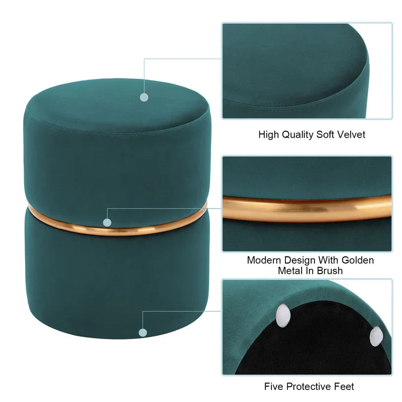 Celynn Wide Velvet Round Ottoman-Wooden Crest
