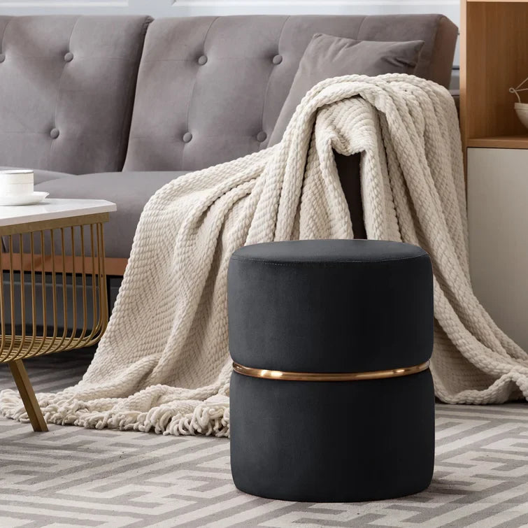 Celynn Wide Velvet Round Ottoman-Wooden Crest